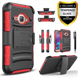 Samsung Galaxy Grand Prime, Samsung Go Prime, Galaxy J2 Prime Case, Dual Layers [Combo Holster] Case And Built-In Kickstand Bundled with [Premium Screen Protector] Hybird Shockproof And Circlemalls Stylus Pen (Red)